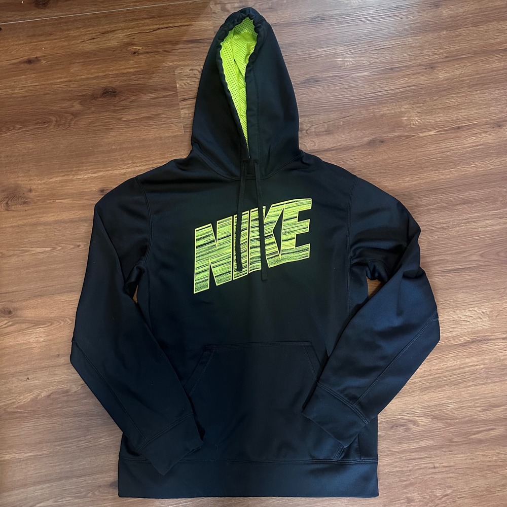 Nike Therma-FIT Hoodie Mens Small Black Neon Green Graphic Pullover Sweatshirt